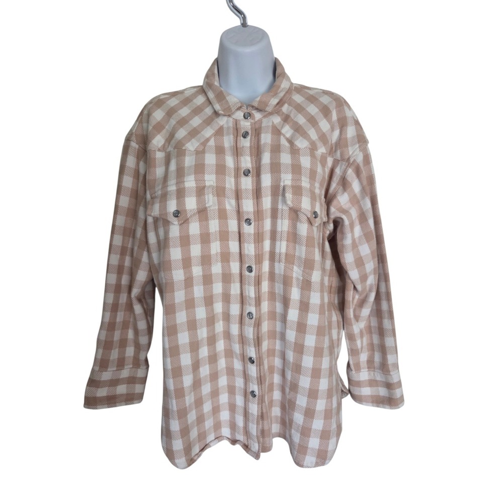 J Crew Relaxed Pearl Snap Western Beige & White Shacket Top M Women's M